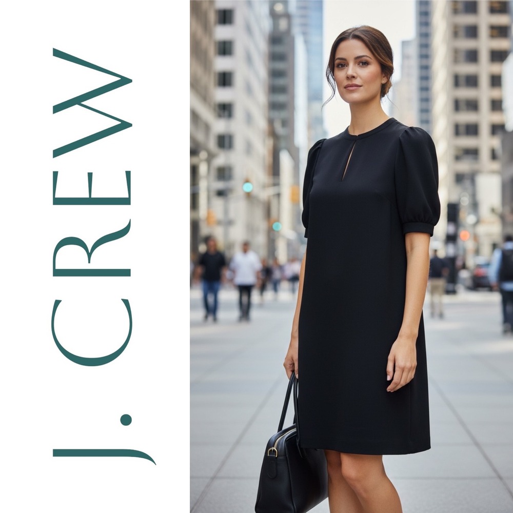 J. Crew Black Crepe Puff Sleeve Keyhole Shift Mini Dress Elegant Business Size 4